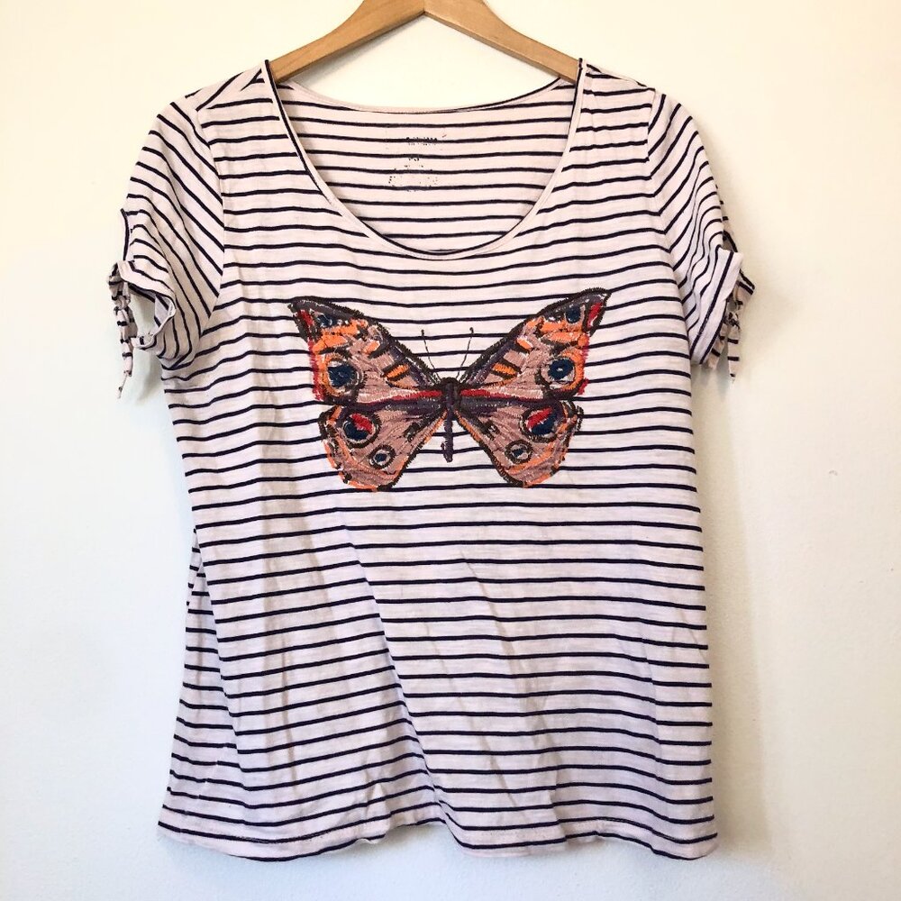 SONOMA Cream ish Navy Stripe Embroidered Butterfly Tee T-Shirt PETITE Small PS